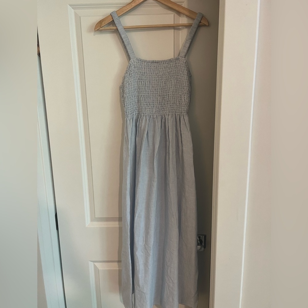 J. Crew NWT smocked linen blend blue striped summer maxi dress, size Small